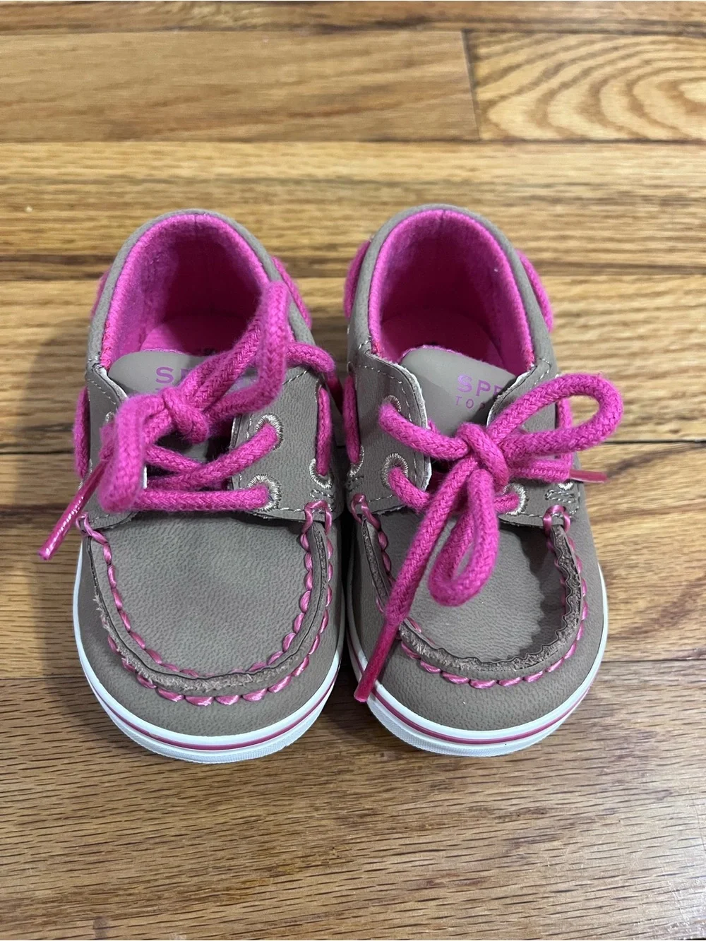 Sperry Taupe Toddler Boat Shoes with Bright Pink Accents